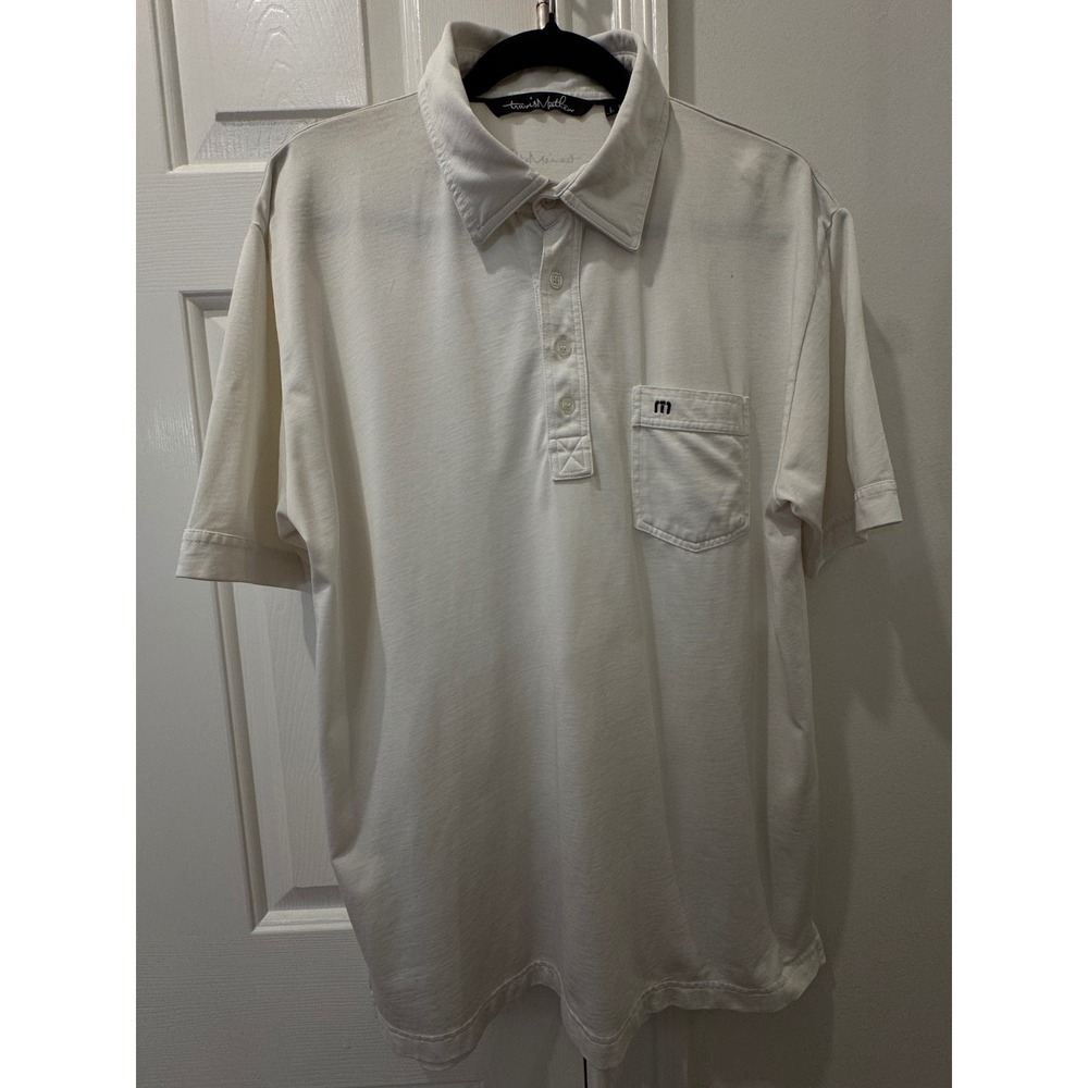 TravisMathew Mens Pima Cotton Blend Short Sleeve Pocket Polo Shirt Off White‎ L